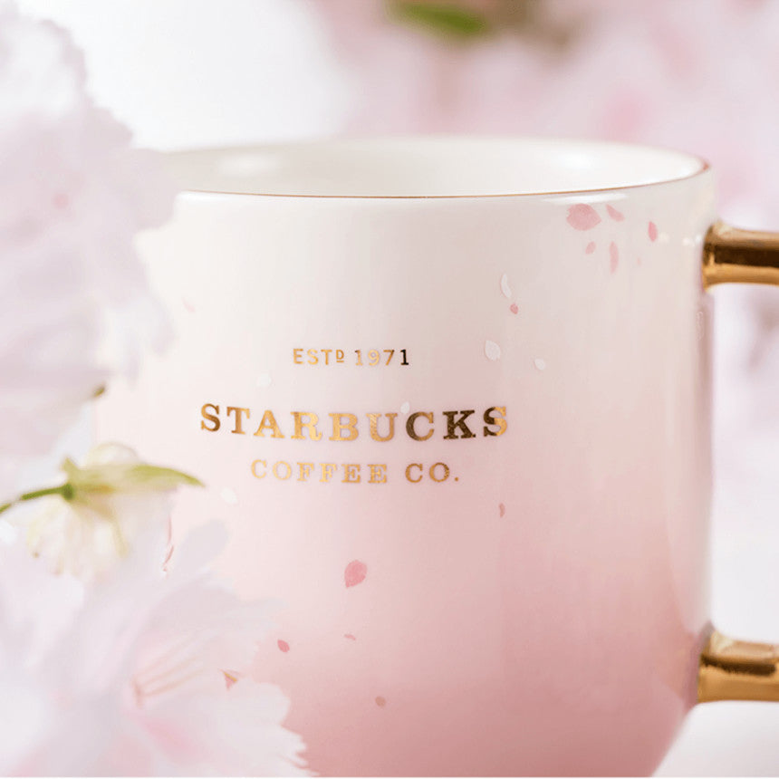Starbucks China 2022 Cherry Blossom Golden Handle Ceramic Mug with Muddler 400ml