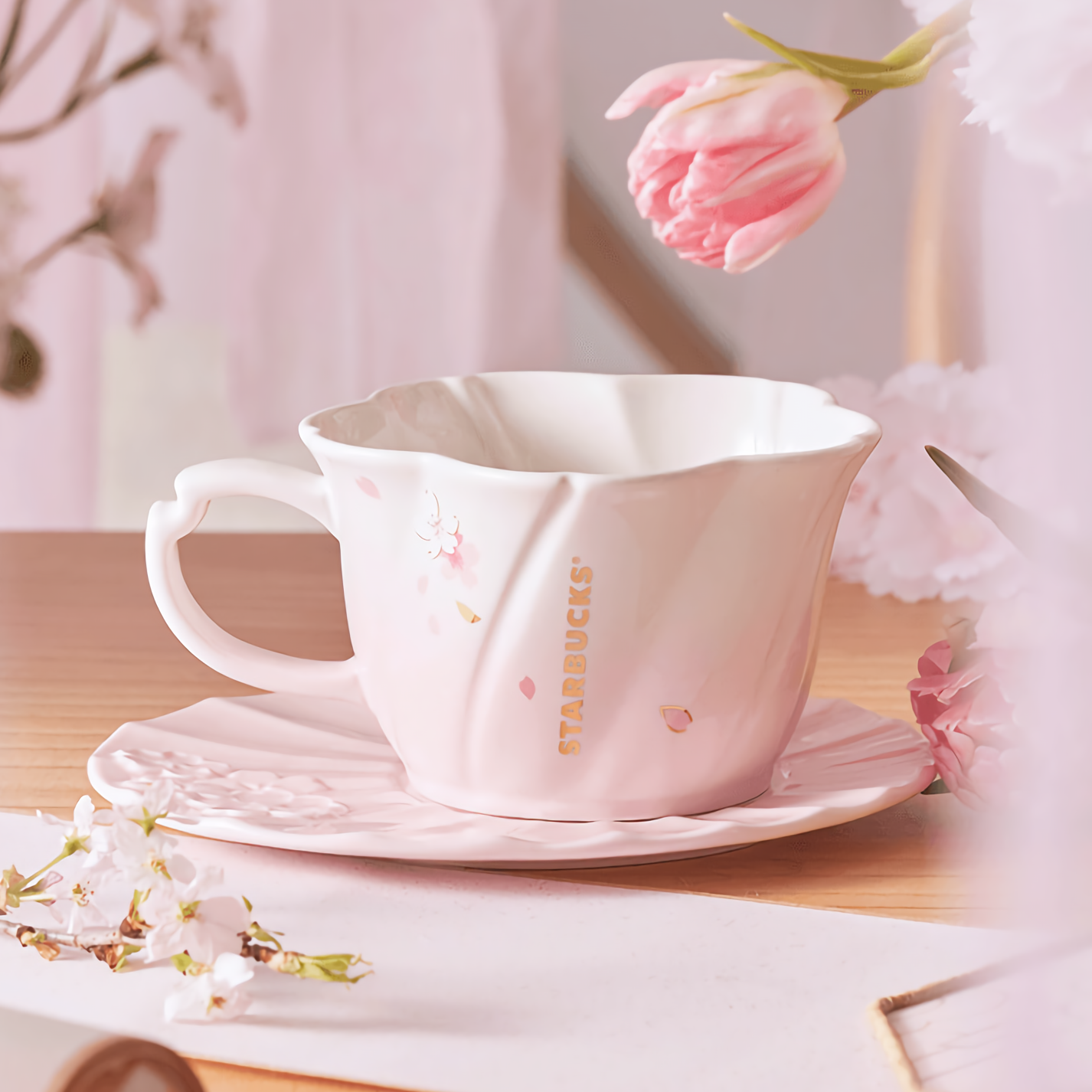 Starbucks China 2022 Cherry Blossom Petal Ceramic Teacup & Saucer Set 355ml