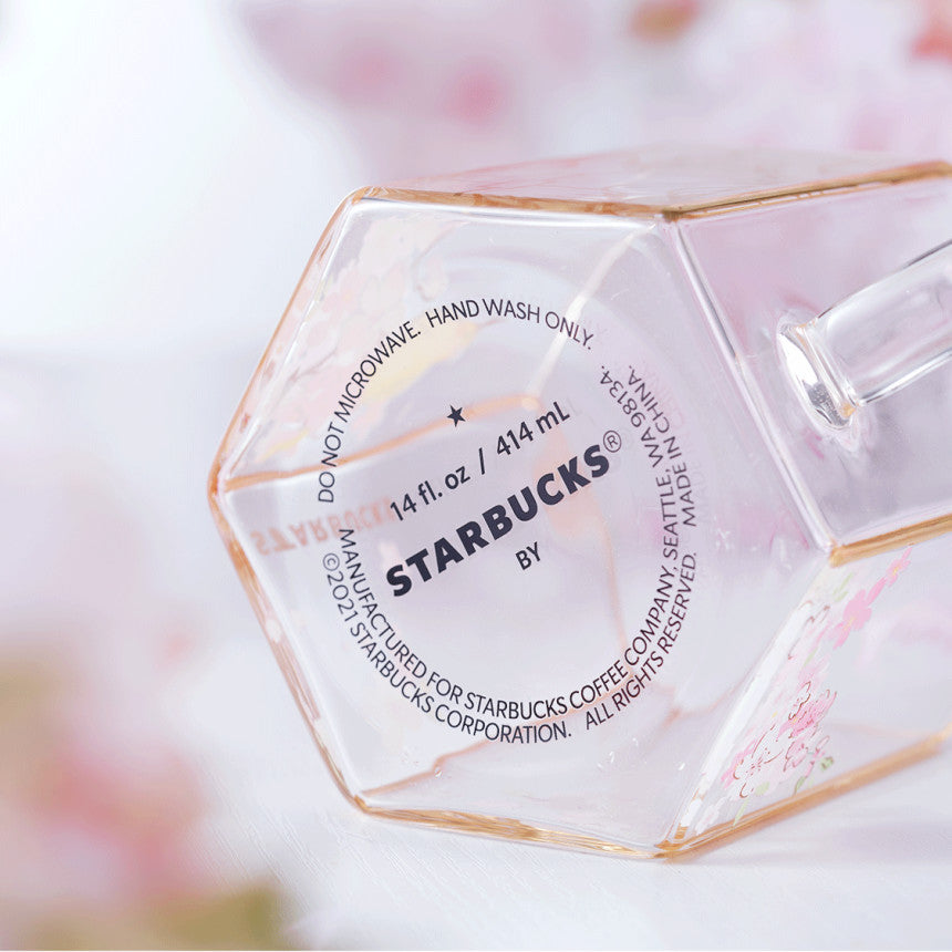 Starbucks China 2022 Cherry Blossom Parrot Hexagonal Glass Mug Cup 414ml