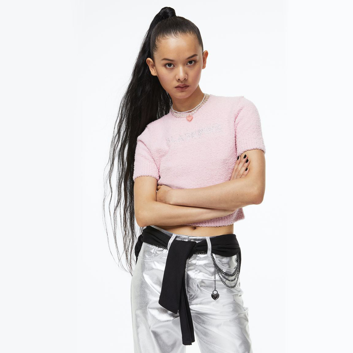 Kiss Divided H&M Womens T-Shirt Black Pink Short Sleeve Crew Neck Tee S